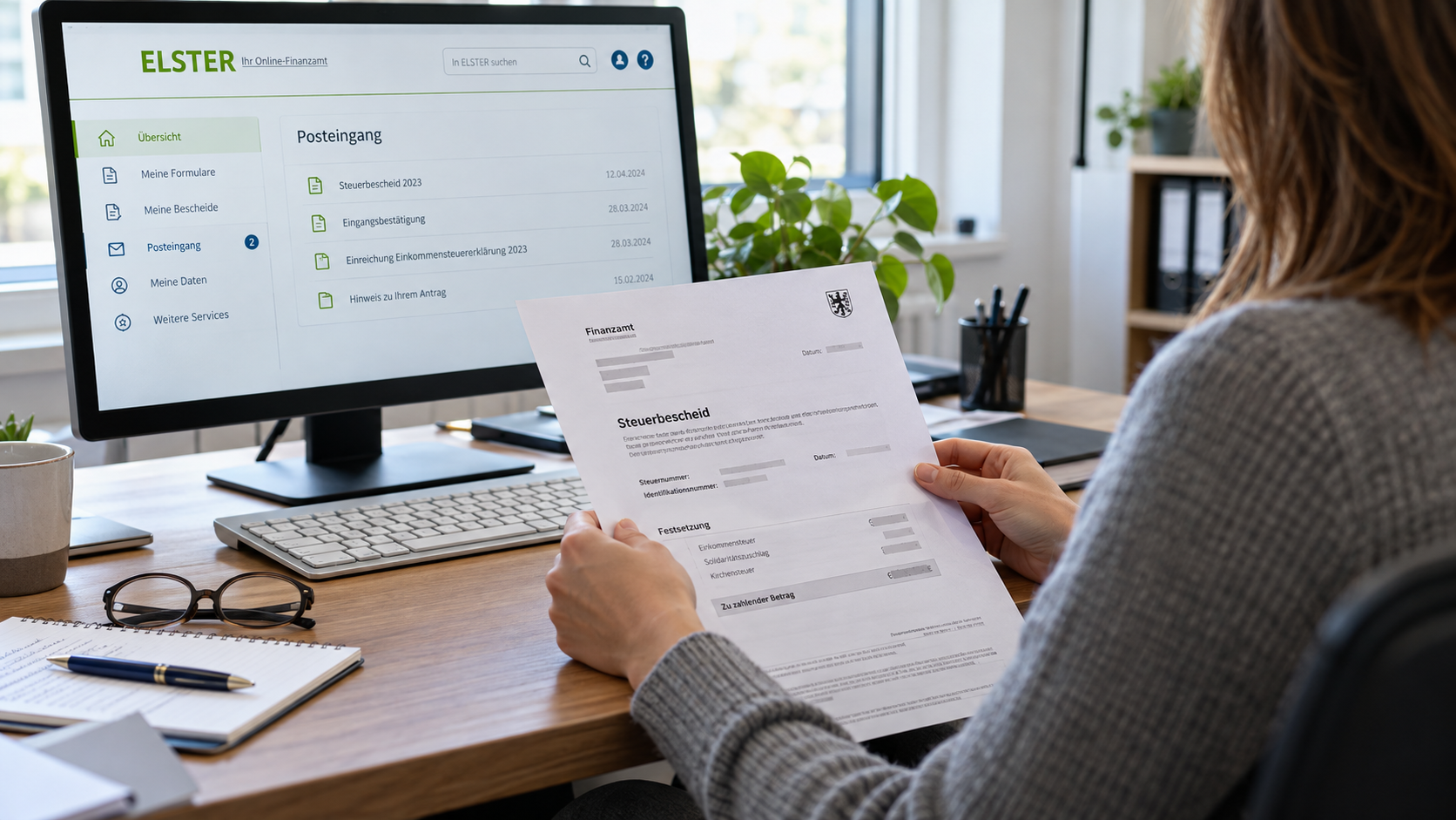 Eine Frau hält einen Papier-Steuerbescheid im Homeoffice, auf dem Monitor ist das ELSTER-Postfach geöffnet