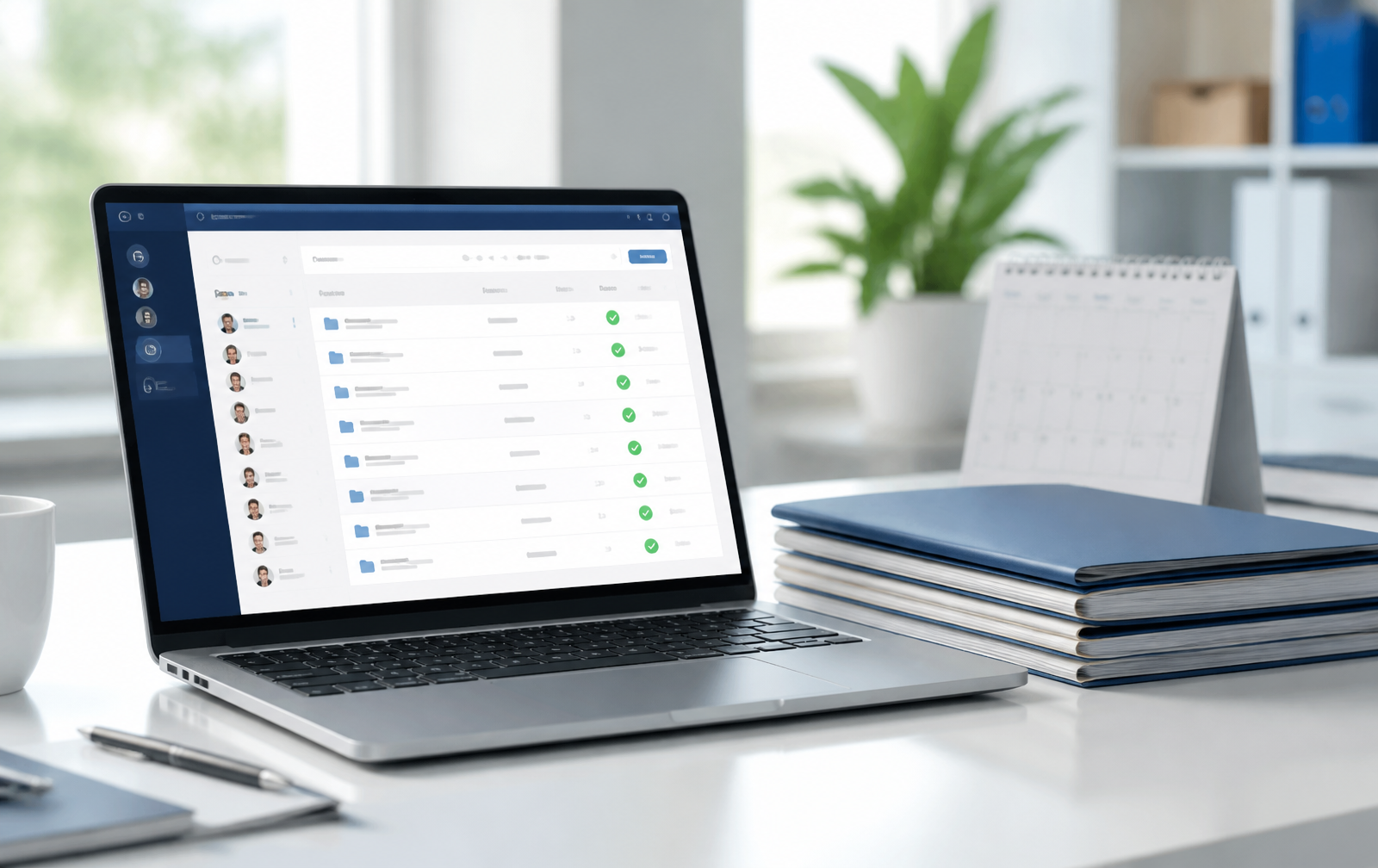Laptop mit digital geführten Entgeltunterlagen auf einem hellen Schreibtisch neben Ordnern und einem Tischkalender