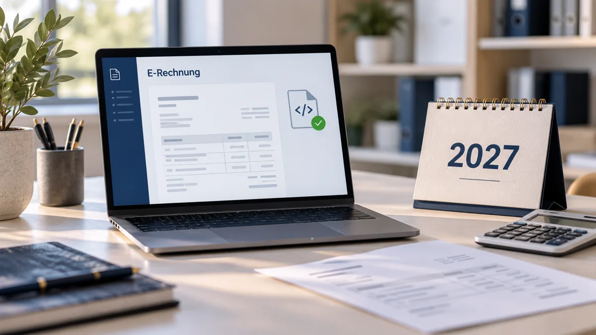 Laptop mit geöffneter Rechnung neben Taschenrechner und Kalender auf einem Schreibtisch, Symbolbild zur elektronischen Rechnung