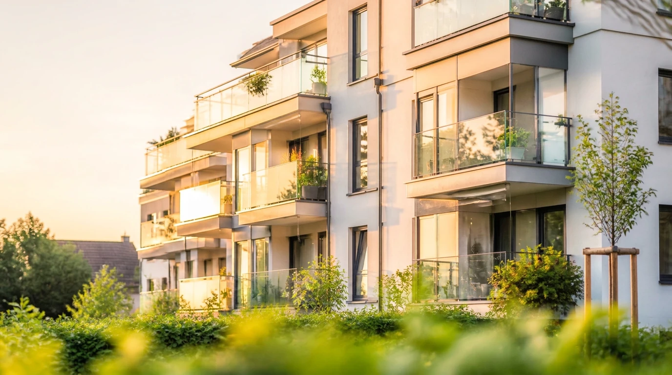 Modernes Mehrfamilienhaus mit Balkonen und großen Fensterflächen