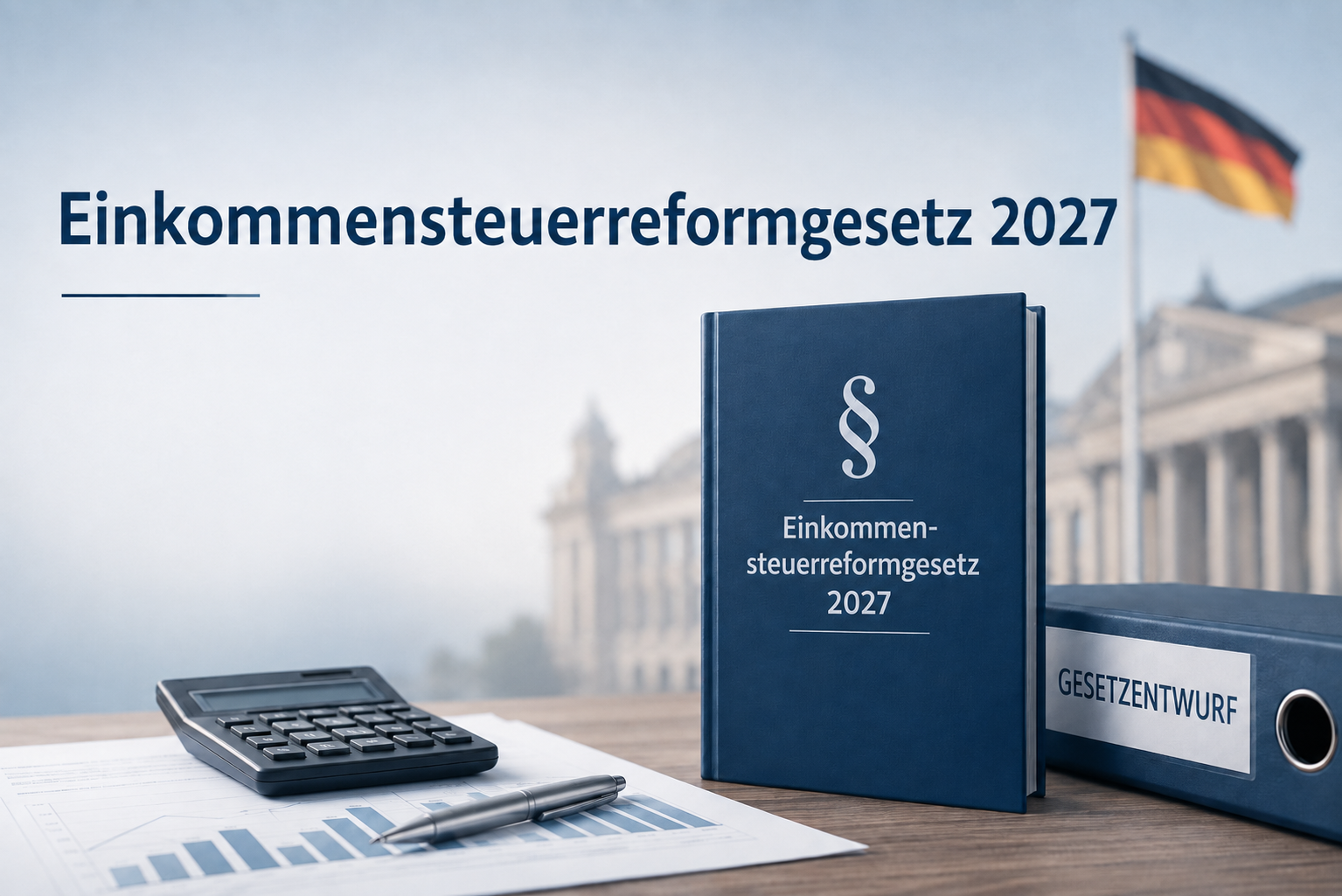 Blaues Gesetzbuch mit Paragraphen-Symbol zum Einkommensteuerreformgesetz 2027, daneben ein Ordner mit der Aufschrift Gesetzentwurf, Taschenrechner und Stift vor dem Reichstagsgebäude