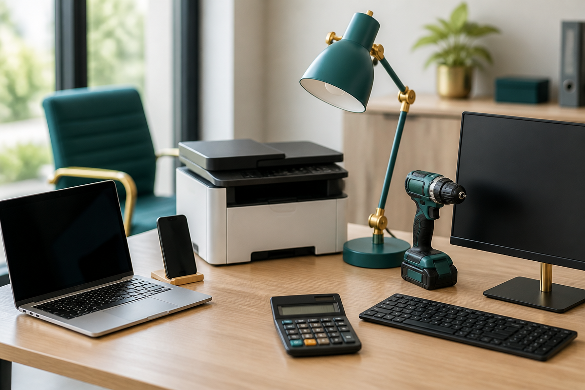 Schreibtisch mit Laptop, Monitor, Tastatur, Taschenrechner, Drucker, Schreibtischlampe und Akkuschrauber als typische geringwertige Wirtschaftsgüter