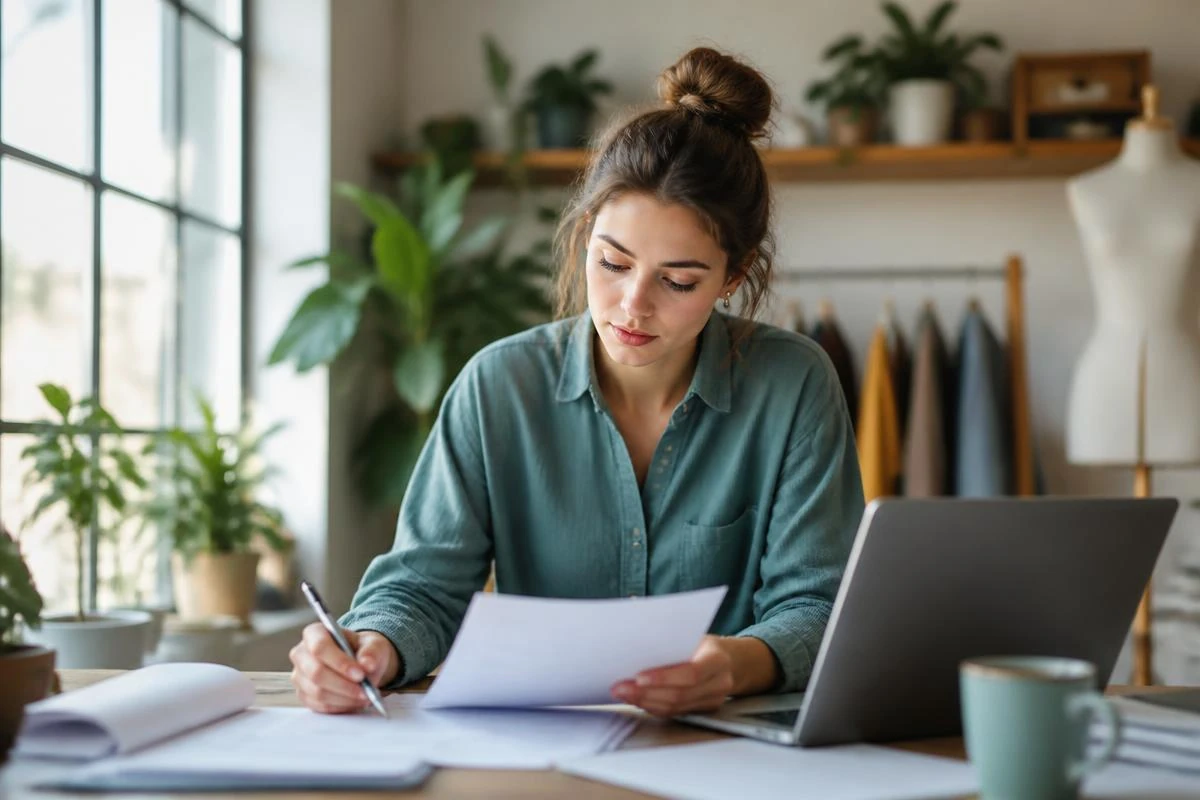 Selbstständiger Gründer arbeitet mit Unterlagen und Taschenrechner am Schreibtisch