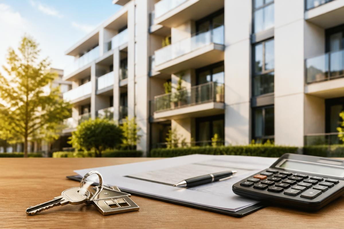 Modernes Mehrfamilienhaus mit Balkonen, davor Wohnungsschlüssel, Mietvertrag und Taschenrechner auf einem Schreibtisch